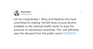 Jamaica State Minister Floyd Green says there are alternatives to hand sanitizer