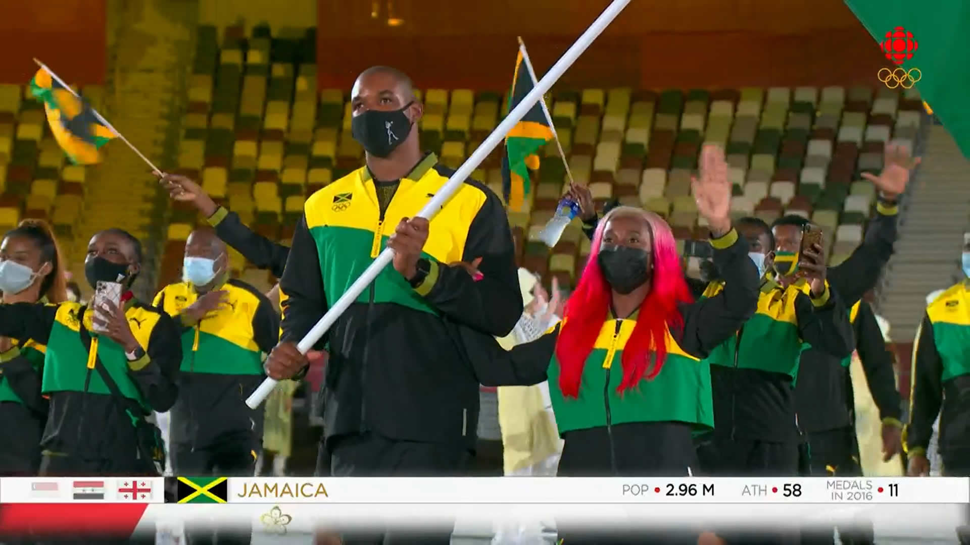 Here comes the Jamaicans during the 2020 Tokyo Olympics Ceremony Here comes the Jamaicans during the 2020 Tokyo Olympics Ceremony